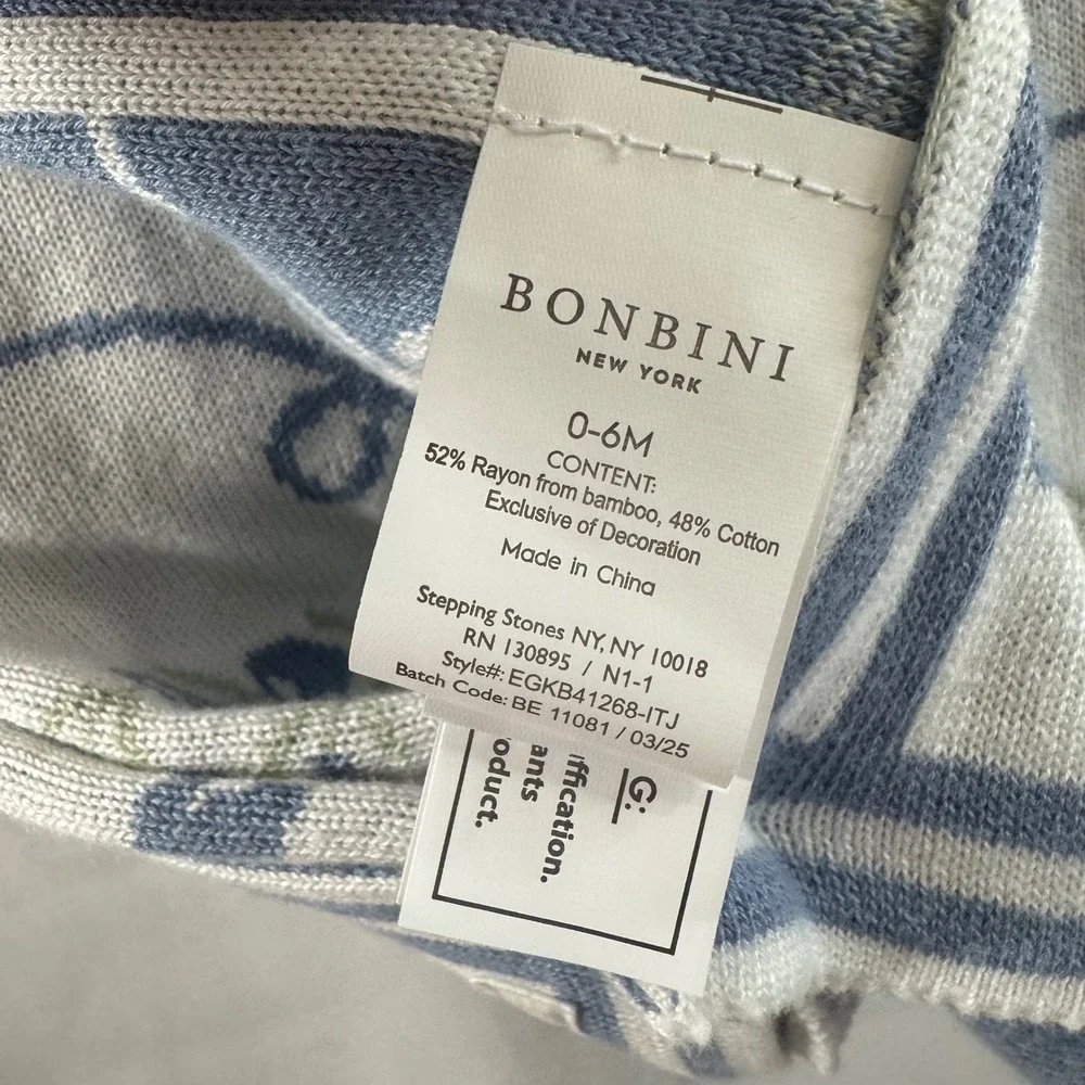 BONBINI New York Cotton Bamboo Baby Blanket‎ Blue Floral Bow Knit 0-6 Months
